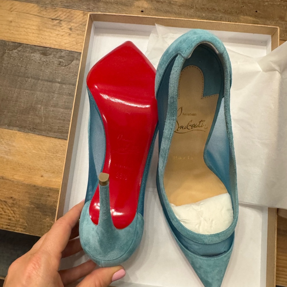 Christian Louboutin Teal Suede Heels with Red Sole